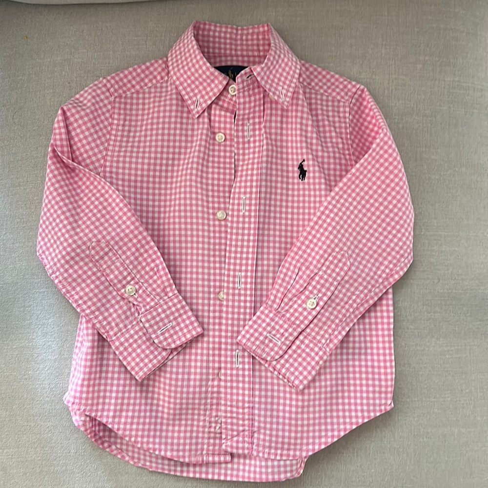 2T Boys Button Down Polo Pink/white Gingham Shirt